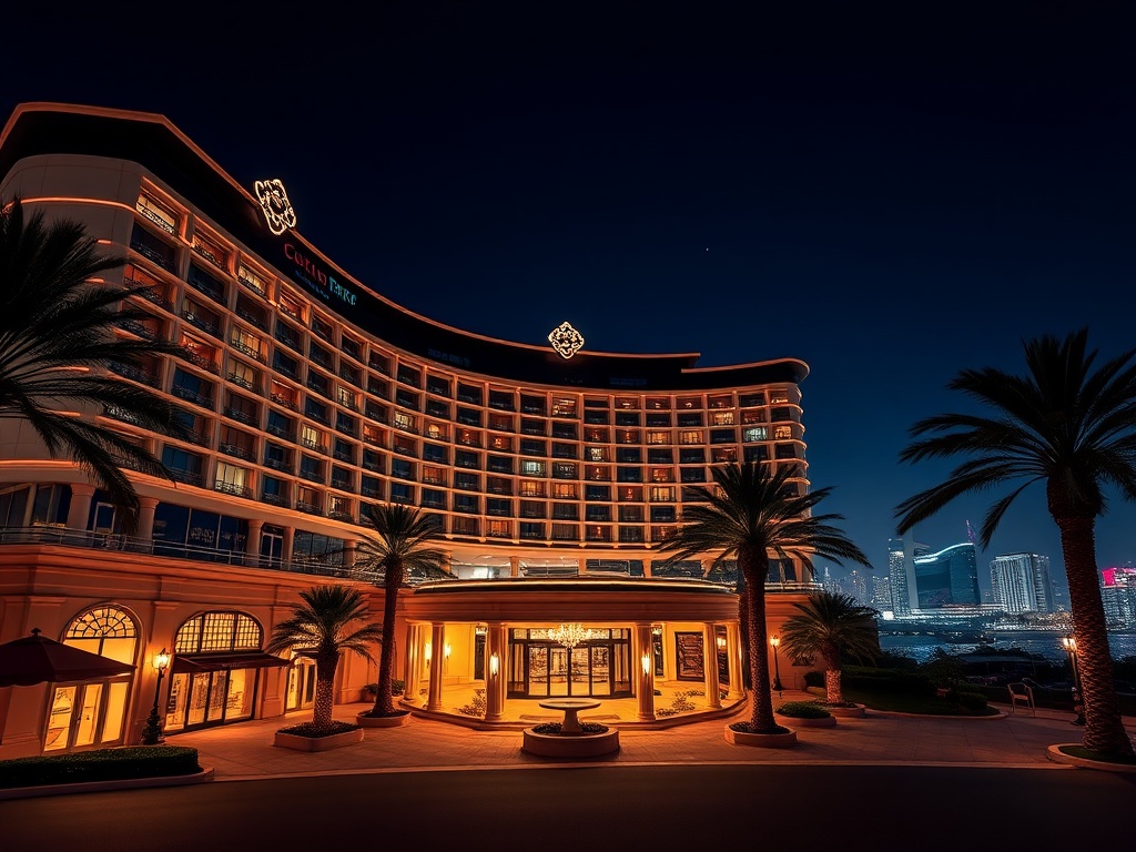 “nighttime luxury casino hotel exterior in Australia, glowing panoramic windows, elegant palm-lined entrance, distant skyline lights, high-stakes ambiance, refined atmosphere”