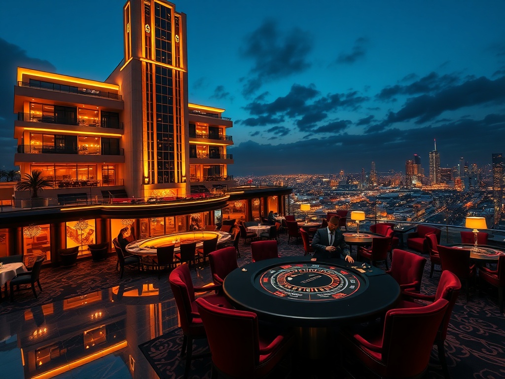 "luxury Australian casino hotel scene at night, illuminated facade, elegant VIP lounge interior with velvet seating, professional dealers at high-stakes table, distant skyline lights, fine dining setting, cinematic lighting" "high realism, ultra-detailed,