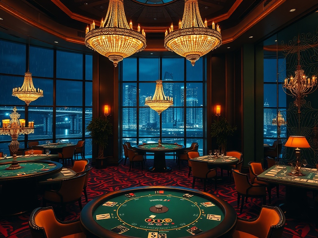A glamorous luxury casino hotel interior at night, "high-stakes card tables" glowing chandeliers, "VIP suite window skyline" rain reflections, "fine dining" candlelight.