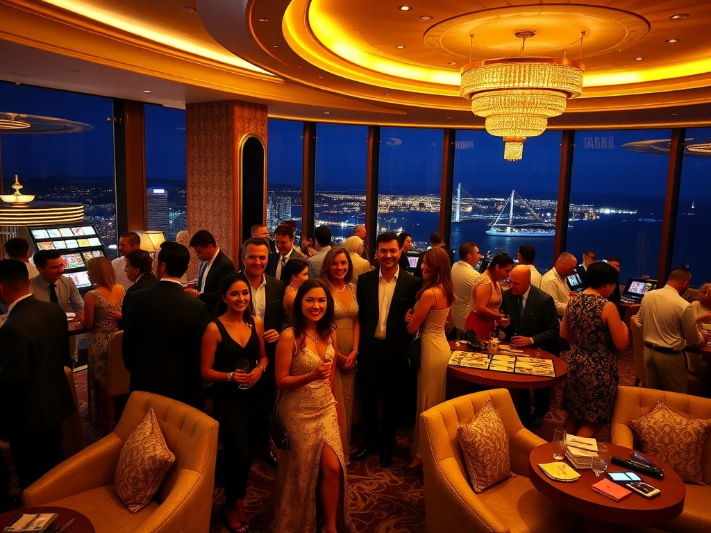 "A glamorous Australian luxury casino hotel lounge at night, smiling diverse guests in elegant attire, soft gold lighting, plush seating, panoramic ocean-city views."