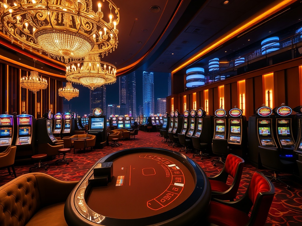 "ultra-luxury Australian casino hotel at night, golden light, elegant chandeliers, velvet sofas, professional dealers at blackjack table, sleek glowing slot machines, VIP lounge with privacy screens, five-star hotel suites in background, cinematic depth o
