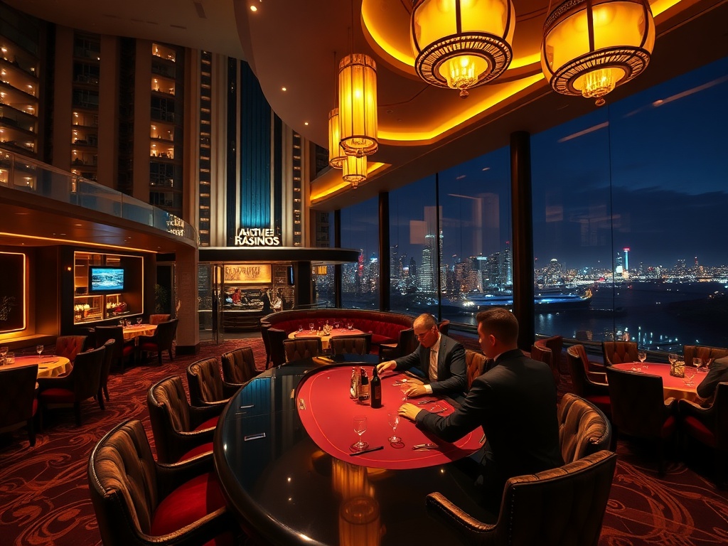 "luxury Australian casino hotel scene at night, illuminated facade, elegant VIP lounge interior with velvet seating, professional dealers at high-stakes table, distant skyline lights, fine dining setting, cinematic lighting" "high realism, ultra-detailed,
