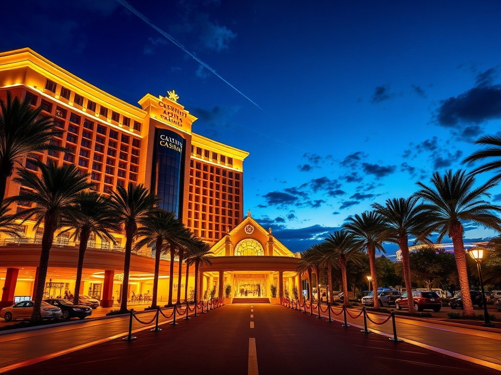 A glamorous Australian luxury casino hotel at night, grand entrance, warm golden lights, palm-lined driveway, panoramic skyline, velvet ropes, glowing gaming ambiance.