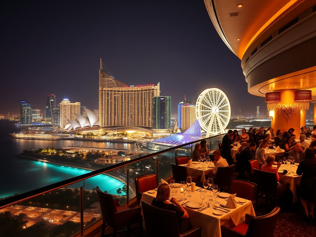 "luxury Australian casino hotel at night, glowing skyline, elegant VIP suites balcony with ocean light, refined dining table, stylish nightlife crowd, warm concierge service."