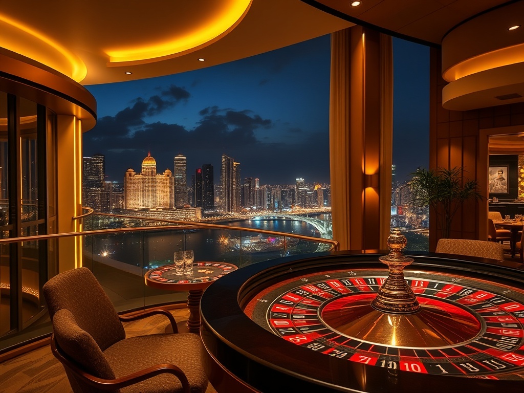 "luxury Australian casino hotel at night, golden skyline glow, elegant suite balcony, sparkling high-stakes roulette table, discreet VIP lounge, warm hospitality lighting"