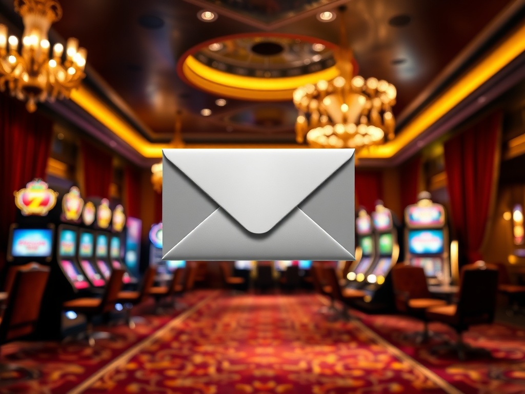 A luxurious casino hotel lounge at night, glowing slot lights and velvet drapes, a pristine silver envelope centered, soft bokeh.