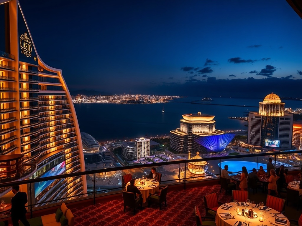 "luxury Australian casino hotel at night, glowing skyline, elegant VIP suites balcony with ocean light, refined dining table, stylish nightlife crowd, warm concierge service."