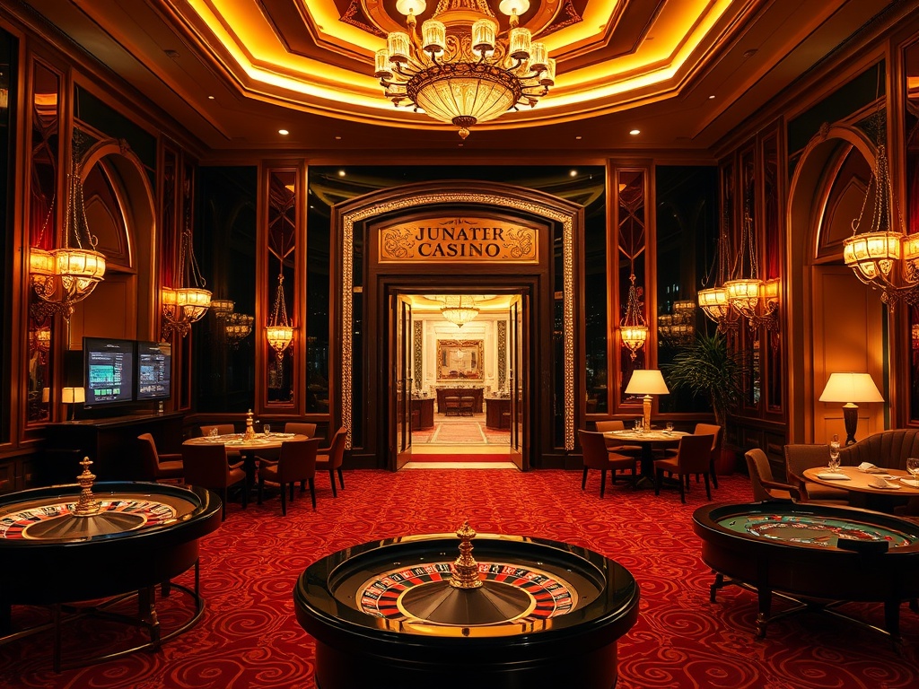 A lavish casino hotel lobby at night, glowing roulette tables, elegant VIP lounge, five-star suite doorway, gourmet dining, warm confident ambiance, luxury.