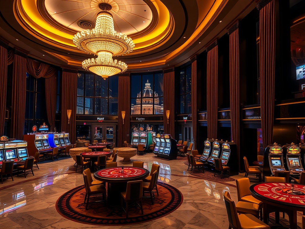 "Opulent casino hotel interior at night