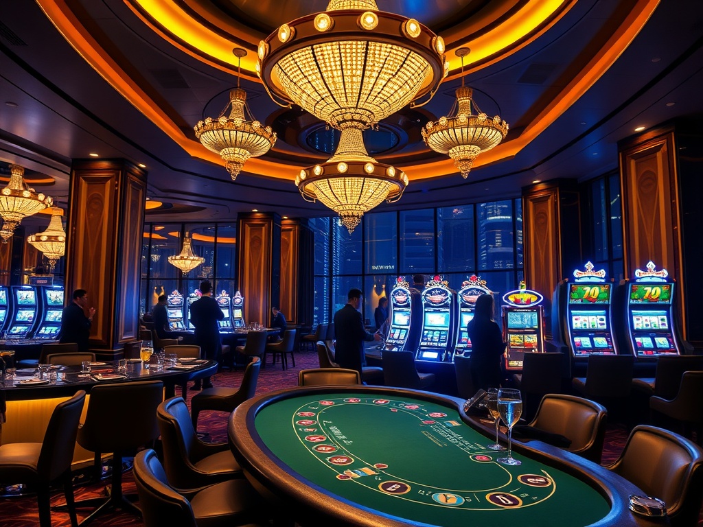 A glamorous Australian casino hotel scene, “golden chandeliers,” “VIP lounge silhouettes,” “blackjack table,” “modern slot lights,” “gourmet dining plating,” “cocktails,” “nightlife glow,” “five-star comfort”