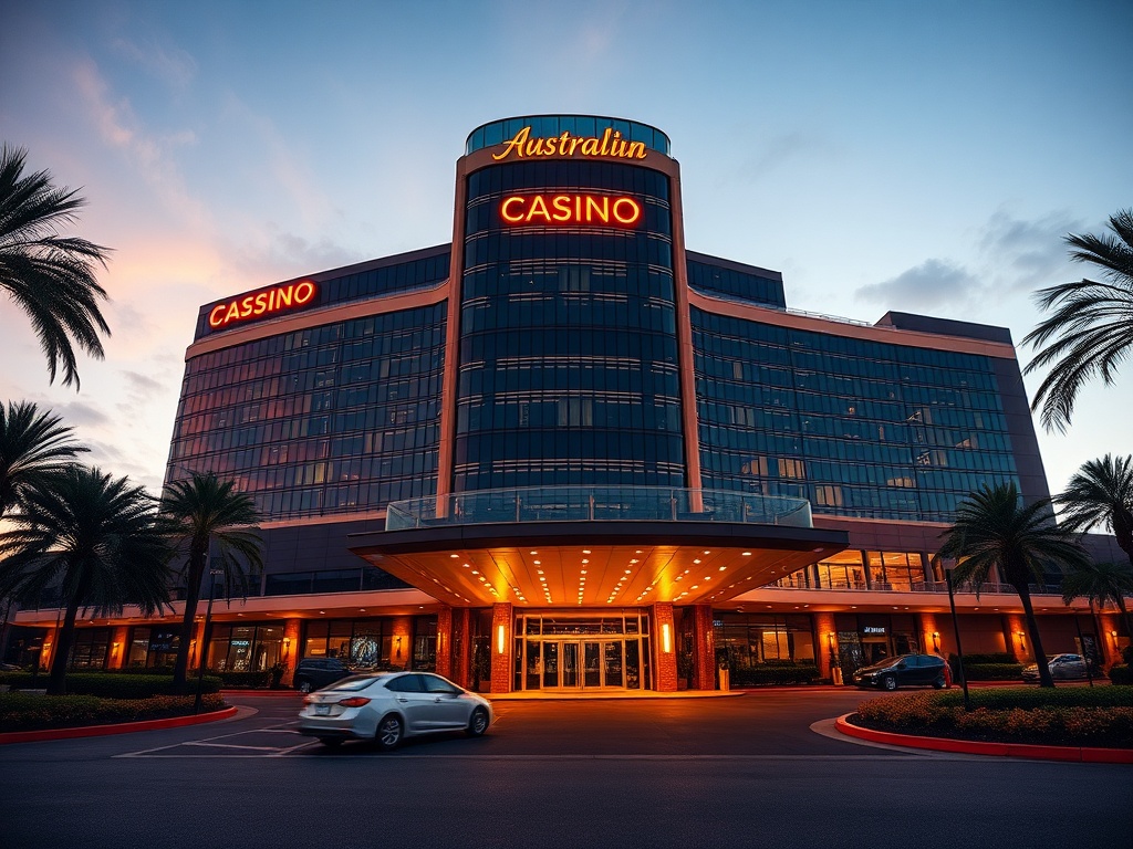 A glamorous Australian luxury casino hotel exterior at dusk with warm lights, towering glass facade, valet driveway, and subtle neon glow, elegant silhouettes. VIP ambiance.