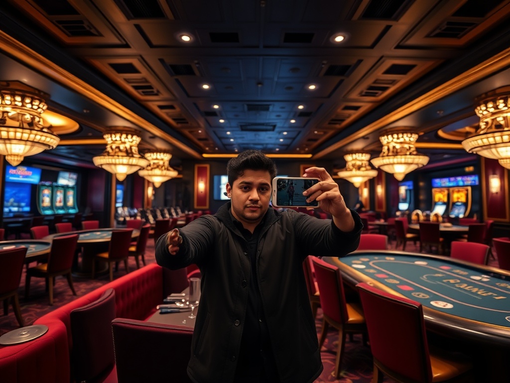 "Luxurious adult-only casino hotel interior at night, velvet seating, elegant lighting, high-stakes poker tables, subtle golden reflections, smartphone selfie pose ambiance, VIP lounge mood"