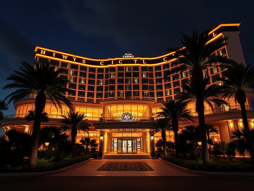 “nighttime luxury casino hotel exterior in Australia, glowing panoramic windows, elegant palm-lined entrance, distant skyline lights, high-stakes ambiance, refined atmosphere”