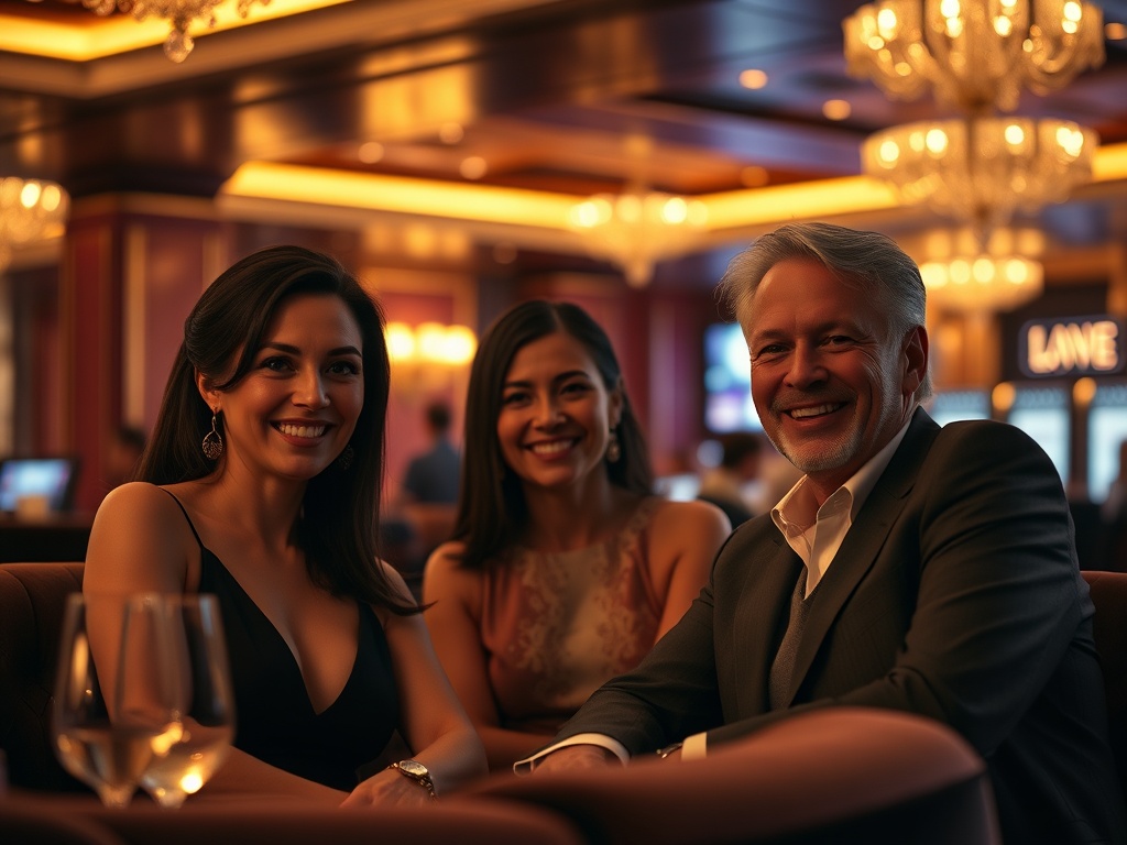 "luxury casino-hotel lounge at night, warm golden light, elegant adults smiling, subtle VIP atmosphere, velvet seating, serene ambiance, tasteful decor, cinematic depth of field" "high-stakes gaming glow in background, premium mood, discreet luxury detail