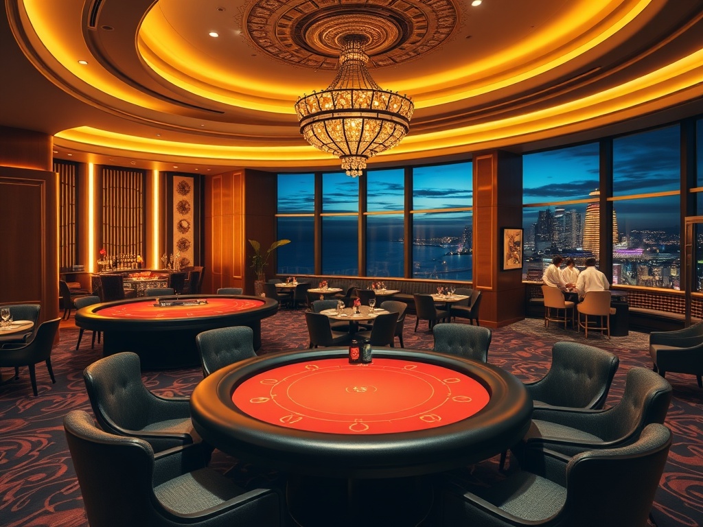 "luxury casino hotel lobby at night with warm gold lighting, elegant high-stakes poker table glow, panoramic ocean skyline, VIP suite entrance, fine dining ambiance, neon nightlife bar reflections"