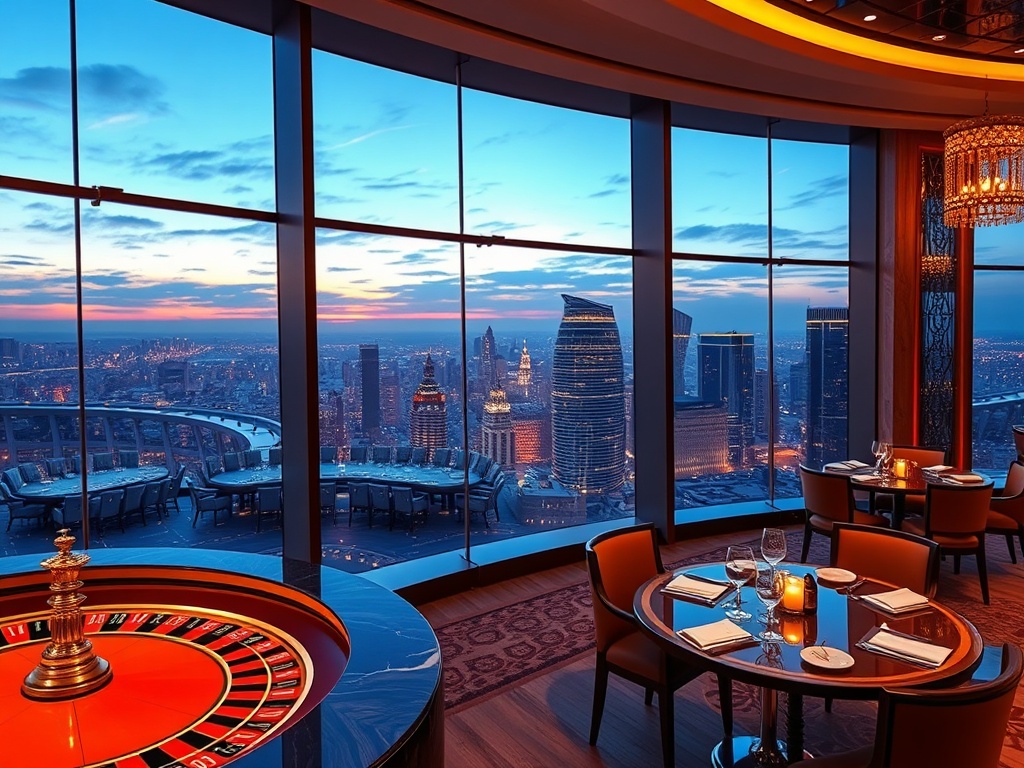 “luxury casino hotel interior and panoramic skyline at dusk” “golden roulette table glow” “elegant suite window” “fine dining on marble” “rooftop nightlife lights”