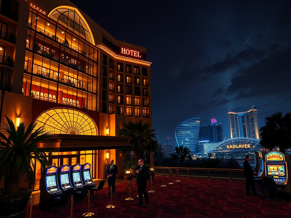 A glamorous night scene at an Australian luxury casino hotel, glowing windows, elegant entrance, valet lights, velvet ropes, silhouettes near slot machines, panoramic skyline.