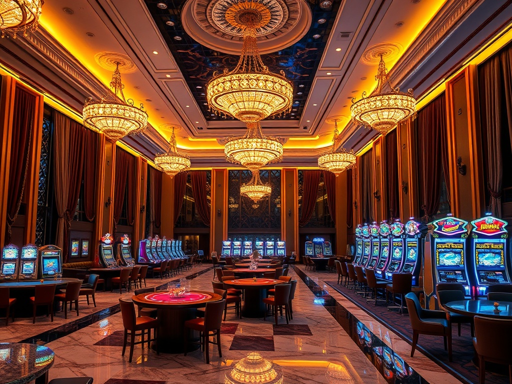 "Opulent casino hotel interior at night