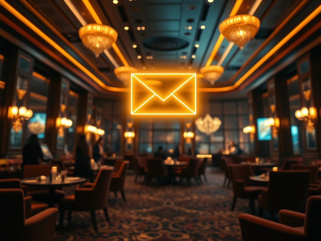 "A glamorous luxury casino hotel lounge at night, warm golden lights, a glowing envelope icon in midair, elegant silhouettes, VIP velvet seating, cinematic depth of field." "You MUST not include ANY brand images or logos."