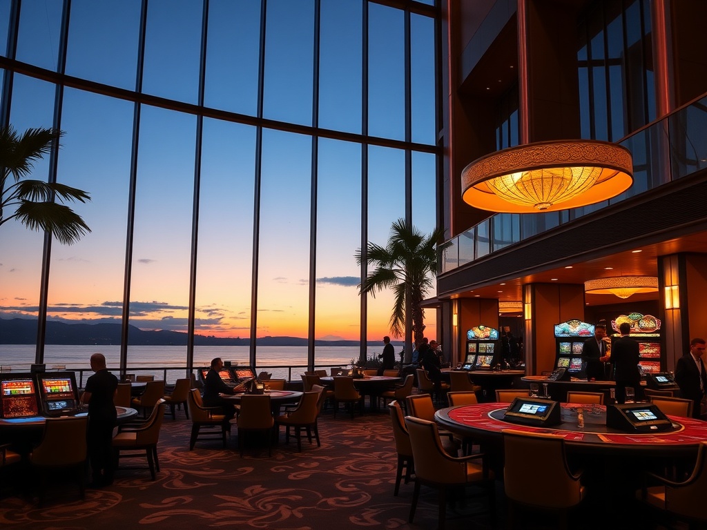 "Luxury casino hotel lobby in Australia at dusk, warm lighting, elegant staff gesture, VIP gaming tables, coastal skyline."