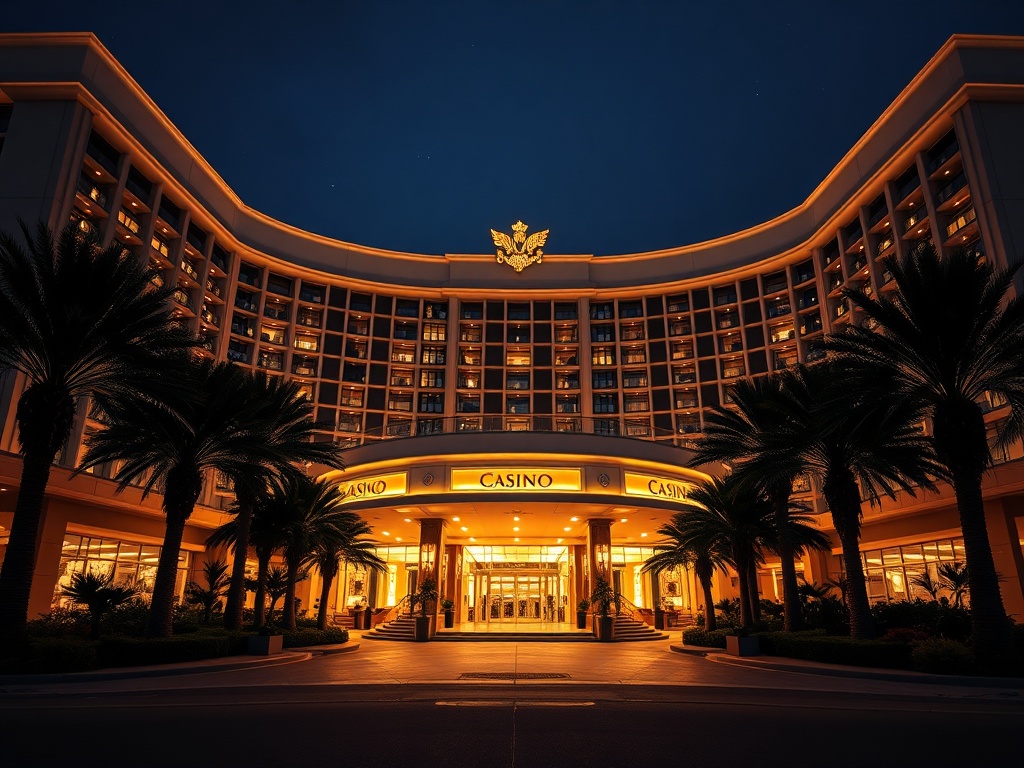 “nighttime luxury casino hotel exterior in Australia, glowing panoramic windows, elegant palm-lined entrance, distant skyline lights, high-stakes ambiance, refined atmosphere”