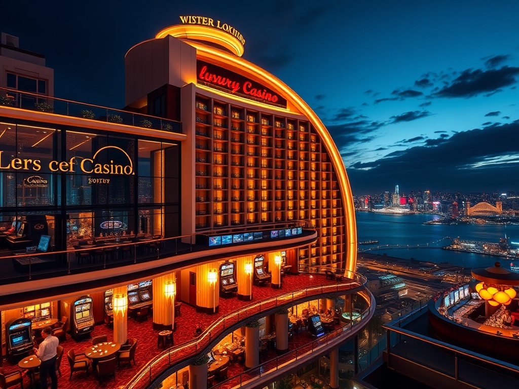 A glamorous Australian luxury casino hotel at night with warm lights; elegant gaming lounge interior, distant panoramic skyline view; VIP suite balcony, lively bar glow, no logos.