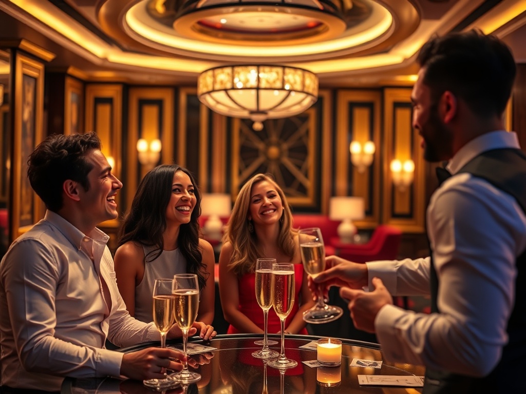 "A glamorous luxury casino lounge at night, soft gold lighting, elegant VIP suite view, three diverse guests laughing, waiter serving champagne, cinematic depth of field."
