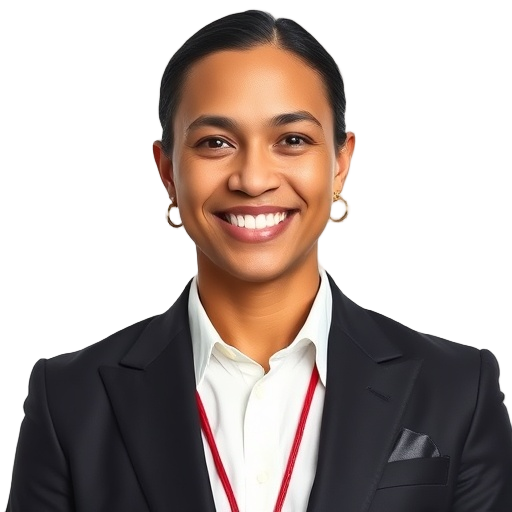 A smiling person in elegant casino attire with subtle gold accents, VIP badge-like lanyard, confident gaze; white background, soft studio lighting.
