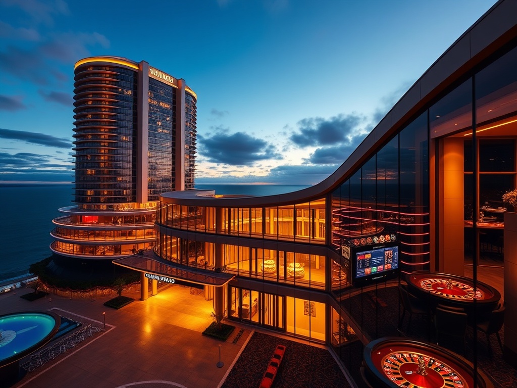 "luxury casino hotel at dusk in Australia" "glowing high-rise façade with panoramic ocean views" "elegant valet entrance" "golden ambient light" "subtle silhouettes of roulette tables through glass"