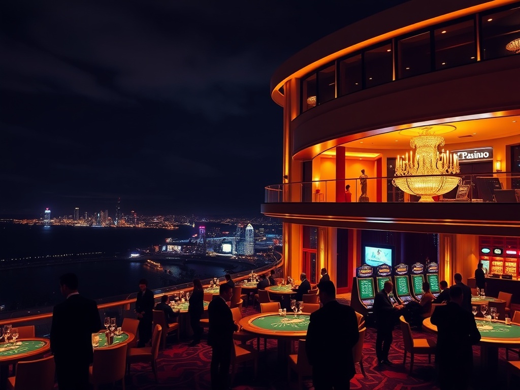 A luxury casino hotel at night in Australia, gleaming entrance, warm lights, silhouettes of suited patrons, elegant VIP lounge, high-stakes cards tables glow, skyline ocean view.