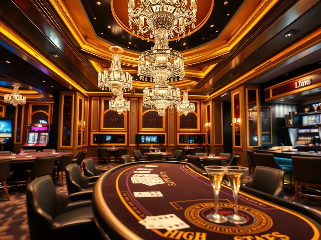 A luxury casino hotel interior blending gold, black velvet, and crystal chandeliers, "high-stakes table" blurred cards, elegant VIP lounge seating, gourmet bar with sparkling cocktails.