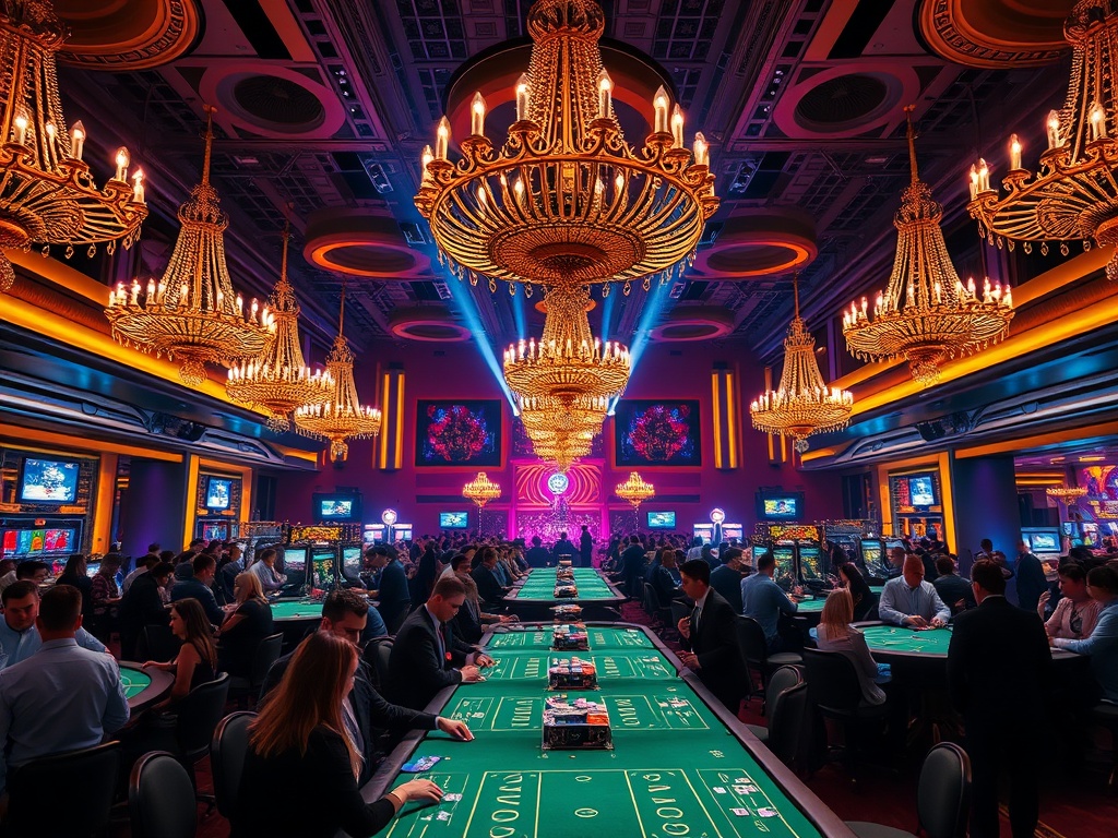 Glamorous casino event inside a luxury Australian casinohotel, "golden chandeliers", "high-stakes card tables", "vibrant neon glow", "elegant crowd", "nightlife energy".