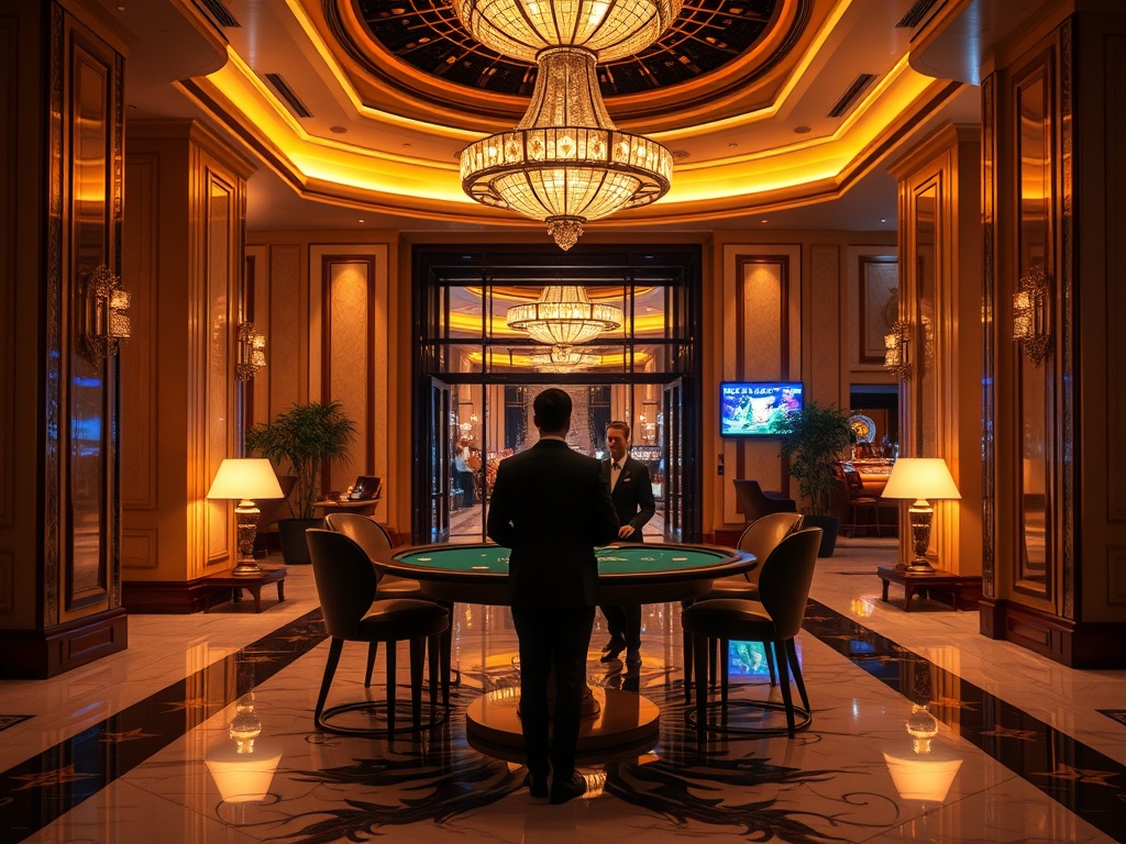 A glamorous nighttime casino-hotel lobby scene, gleaming marble floors, warm golden lighting, elegant adults in formal attire, high-stakes card table silhouette, VIP lounge entrance, luxury ambience.