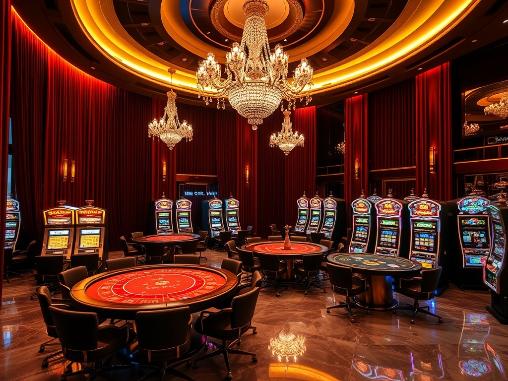 "Luxurious casino interior with glowing high-stakes card tables and slot machines, velvet curtains, crystal chandeliers, elegant VIP lounge, warm nightlife ambiance, polished marble floors, cinematic lighting"