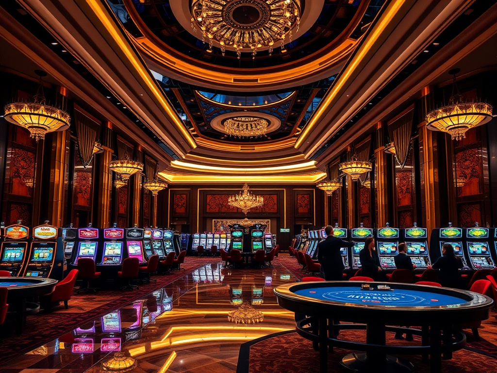 A lavish casino hotel lobby at night, gleaming marble floors, warm spotlights, velvet VIP lounge booths, premium slot machines, baccarat table ambiance, elegant adults silhouettes, luxury atmosphere. You MUST not include ANY brand images or logos.