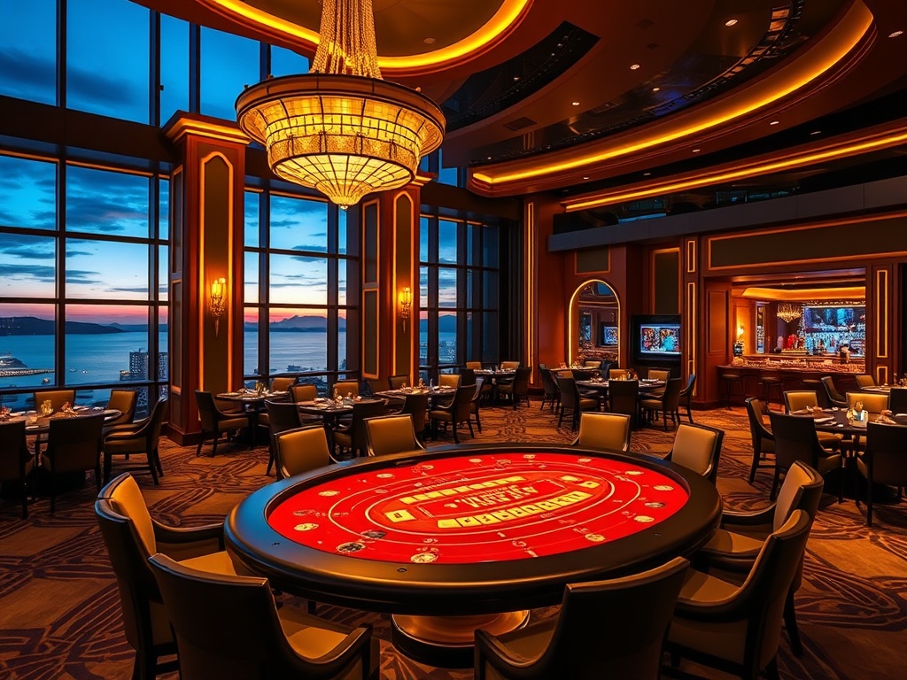 "luxury casino hotel lobby at night with warm gold lighting, elegant high-stakes poker table glow, panoramic ocean skyline, VIP suite entrance, fine dining ambiance, neon nightlife bar reflections"