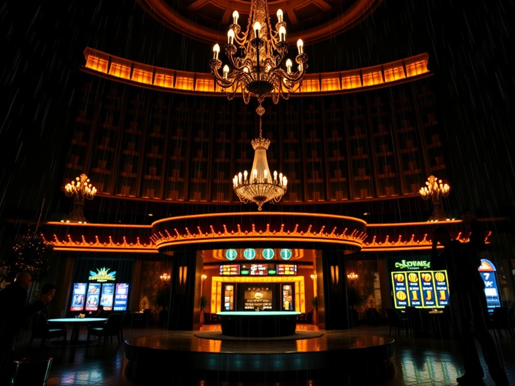 "Black-gold casino hotel facade" "warm chandelier light" "VIP lounge silhouettes" "poker table glow" "premium slots bokeh" "rainy night"