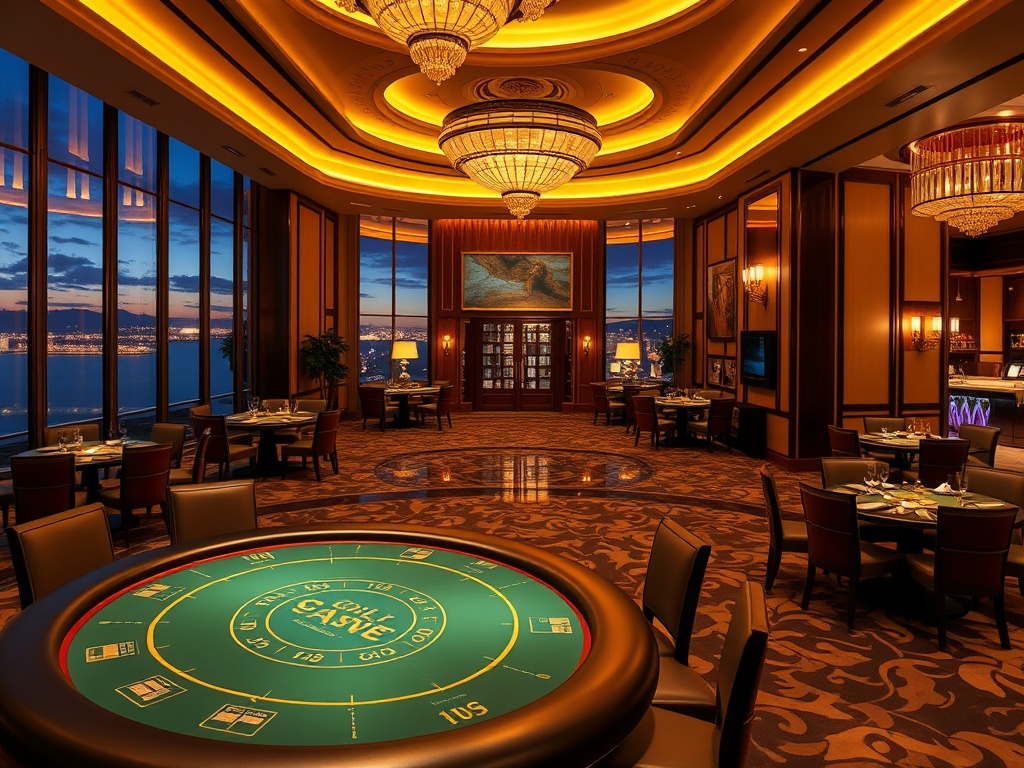 "luxury casino hotel lobby at night with warm gold lighting, elegant high-stakes poker table glow, panoramic ocean skyline, VIP suite entrance, fine dining ambiance, neon nightlife bar reflections"