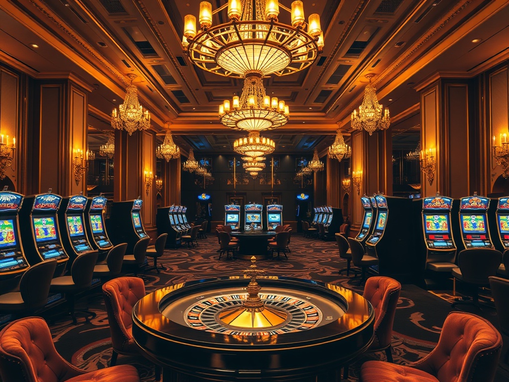 A lavish casino hotel interior, golden chandeliers, gleaming roulette table, modern slot machines, velvet VIP lounge seating, soft amber lighting, adult-exclusive vibe.