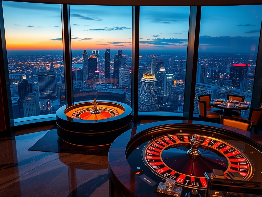 “luxury casino hotel interior and panoramic skyline at dusk” “golden roulette table glow” “elegant suite window” “fine dining on marble” “rooftop nightlife lights”
