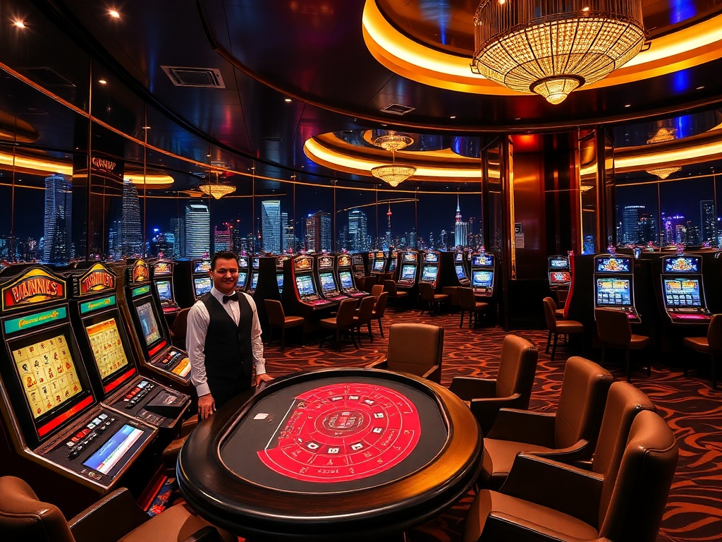 A glamorous Australian casino-luxury lounge at night, elegant lighting, smiling staff near card table and slot machines, plush VIP seating, luxury skyline reflections.