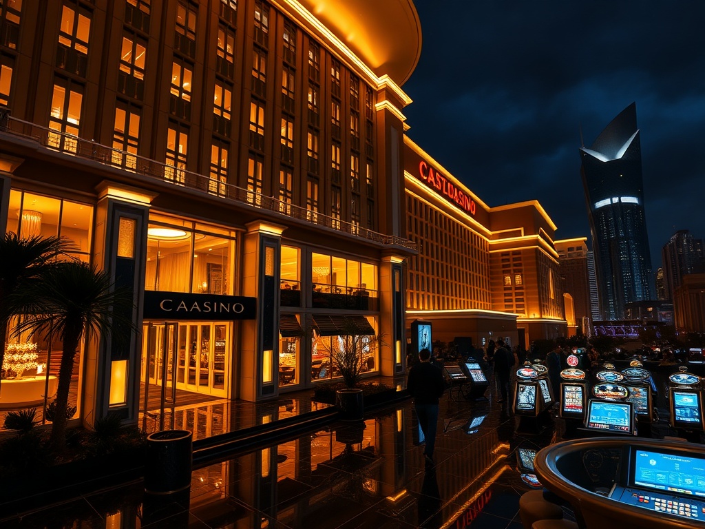 A luxury casino hotel hero scene at night in Australia, “golden-lit facade”, “glossy marble entry”, “elegant silhouette VIP lounge”, “glowing gaming tables”, “moody city skyline”.