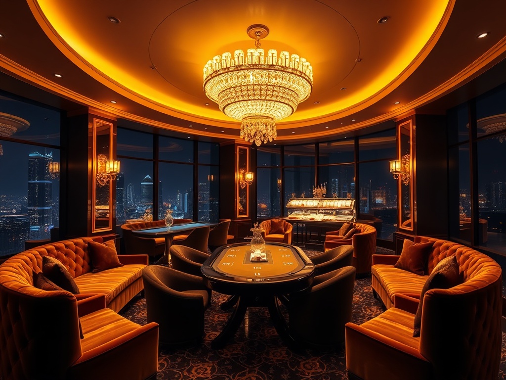A glamorous adult-only VIP lounge at night "golden lighting" "velvet sofas" "crystal chandeliers" "poker table glow" "gourmet buffet" "sleek hotel skyline", ultra-luxury, cinematic depth.