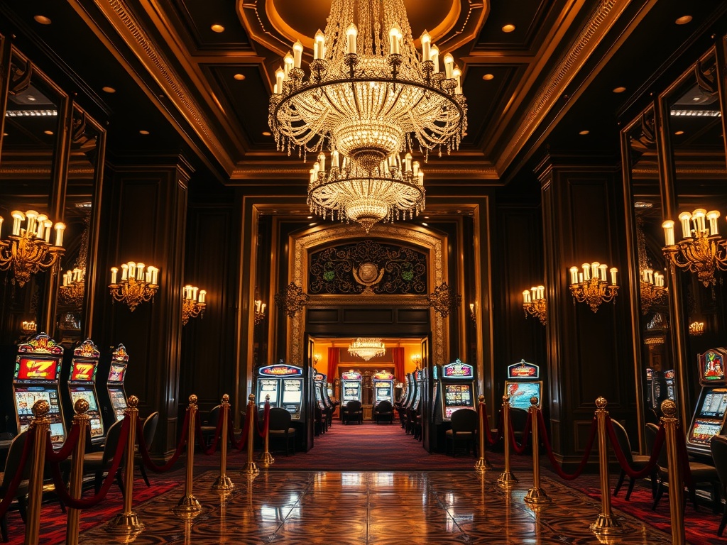 Opulent casino hotel entrance with velvet ropes, shimmering chandeliers, discreet VIP lounge seating, glowing slots and elegant gaming tables, warm gold lighting, cinematic depth.