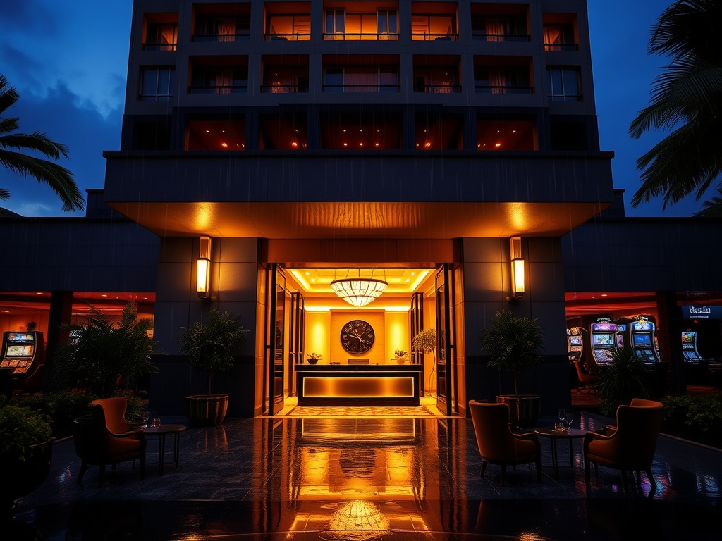 A luxurious Australian hotel entrance at dusk, warm spotlight glow, concierge desk, elegant lounge chairs, soft rain reflections, subtle gaming ambiance.