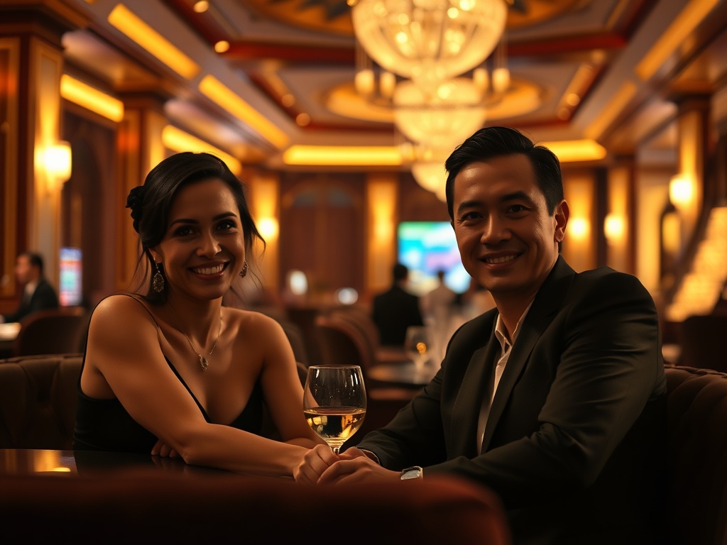 "luxury casino-hotel lounge at night, warm golden light, elegant adults smiling, subtle VIP atmosphere, velvet seating, serene ambiance, tasteful decor, cinematic depth of field" "high-stakes gaming glow in background, premium mood, discreet luxury detail