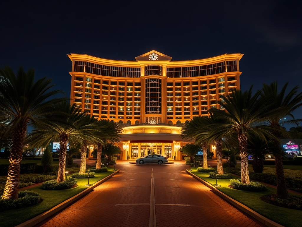 "Luxury casino hotel in Australia at night, glowing entrance, elegant palm-lined driveway, high-stakes gaming lights, panoramic skyline, VIP suite windows, upscale ambience" "You MUST not include ANY brand images or logos. You may ONLY reply with the form