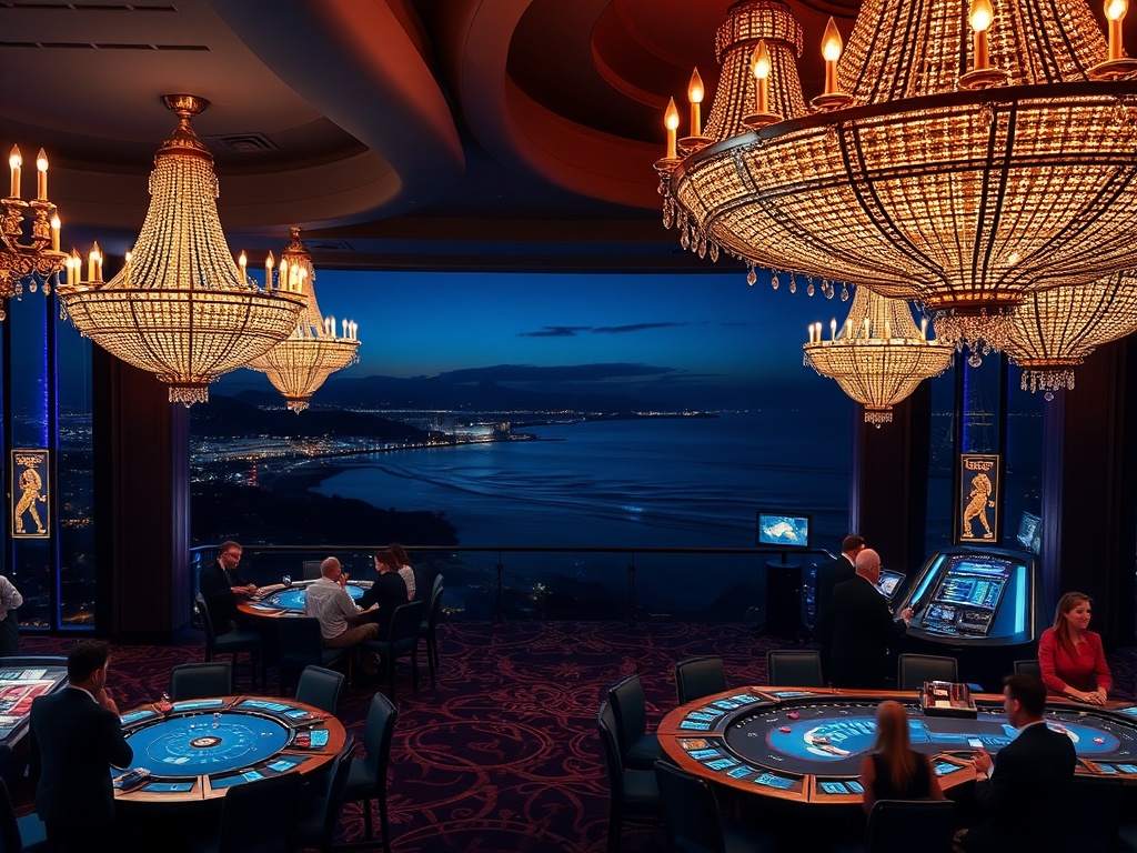 "nighttime luxury casino hotel event scene in Australia, elegant chandeliers, velvet lounges, softly glowing gaming tables, distant ocean skyline, guests in formal attire, warm ambience"