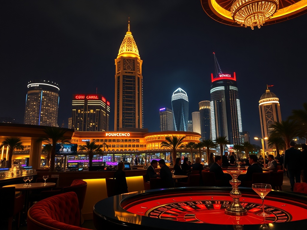 "A glamorous Australian luxury casino hotel at night, illuminated skyline, elegant lounge diners, roulette tables silhouettes, velvet VIP vibe, cocktails and vibrant nightlife, cinematic lighting." "Exclude people, logos, and text."