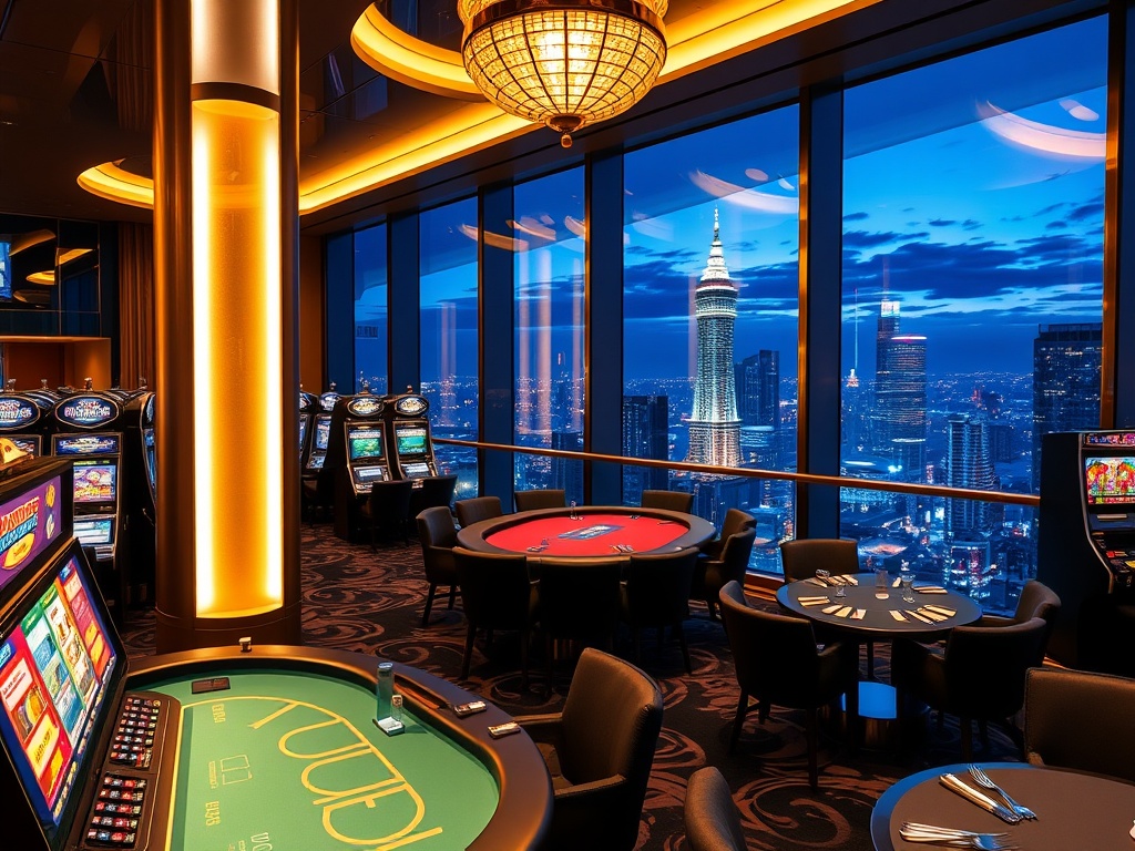 A glamorous Australian luxury casino at night, "golden light" "high-stakes poker table" "sleek slot machines" "VIP suite balcony skyline view" "fine dining ambiance"